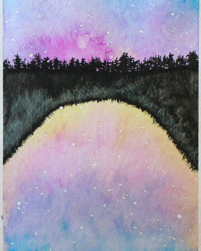 Sunset with stars reflected in lake or pond, with silhouetted trees in background