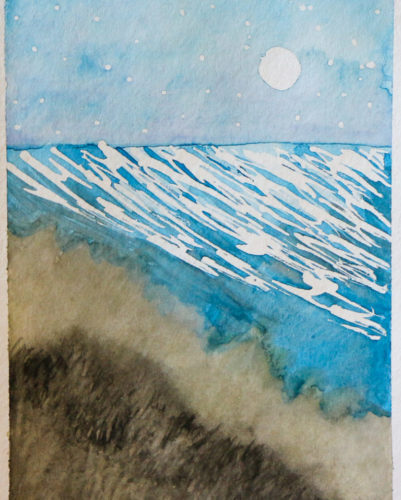 Moonlit ocean with shadowy dunes in foreground