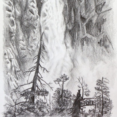 Pencil drawing of waterfall with trees in foreground