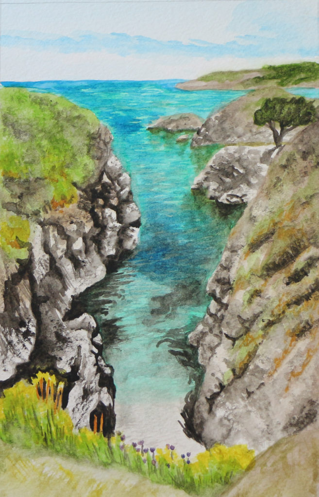 Cove with bright blue water framed by rocky cliffs with grasses growing from them
