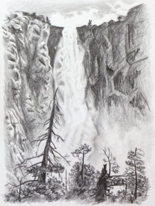 Pencil drawing of waterfall with trees in foreground