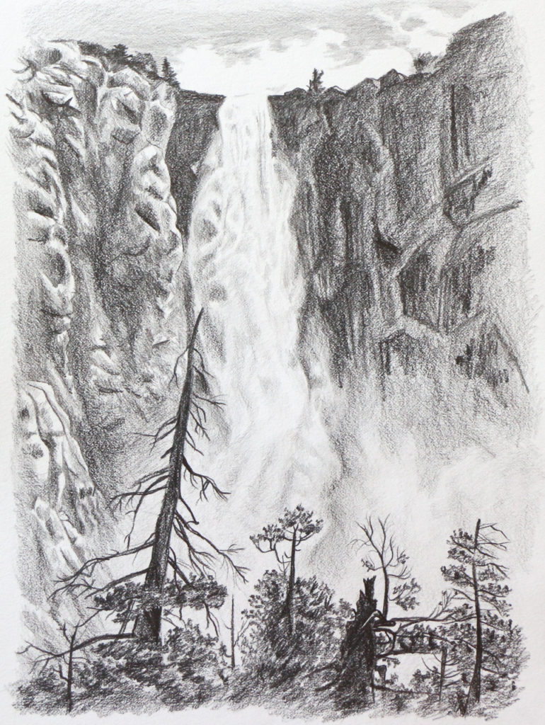 Pencil drawing of waterfall with trees in foreground