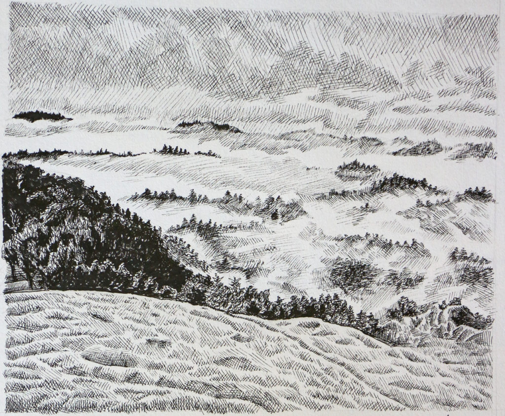 Pen drawing of tree-covered hills blanketed in clouds