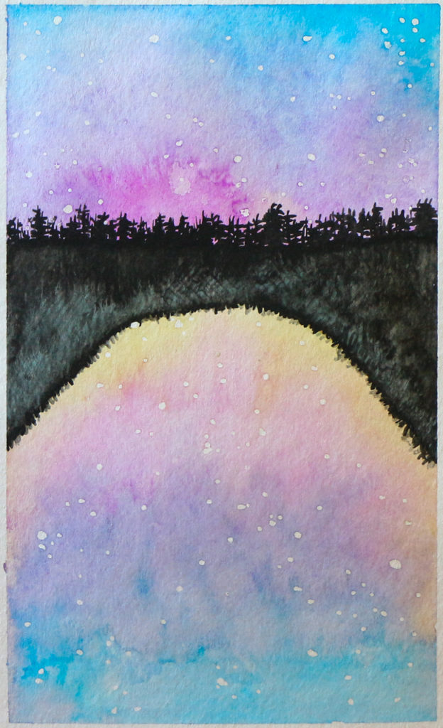 Sunset with stars reflected in lake or pond, with silhouetted trees in background