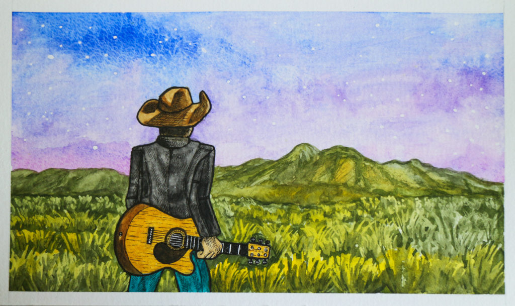 Watercolor painting of cowboy holding guitar looking towards mountains at dusk