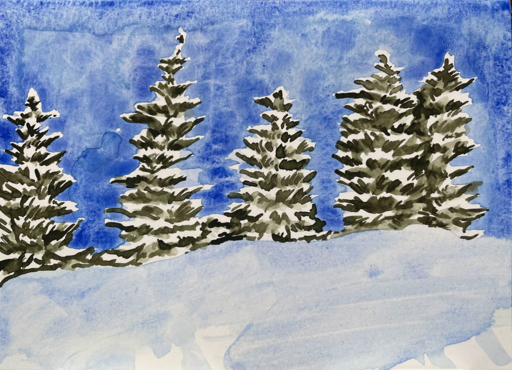 Line of fir trees blanketed in snow on snowy hilltop