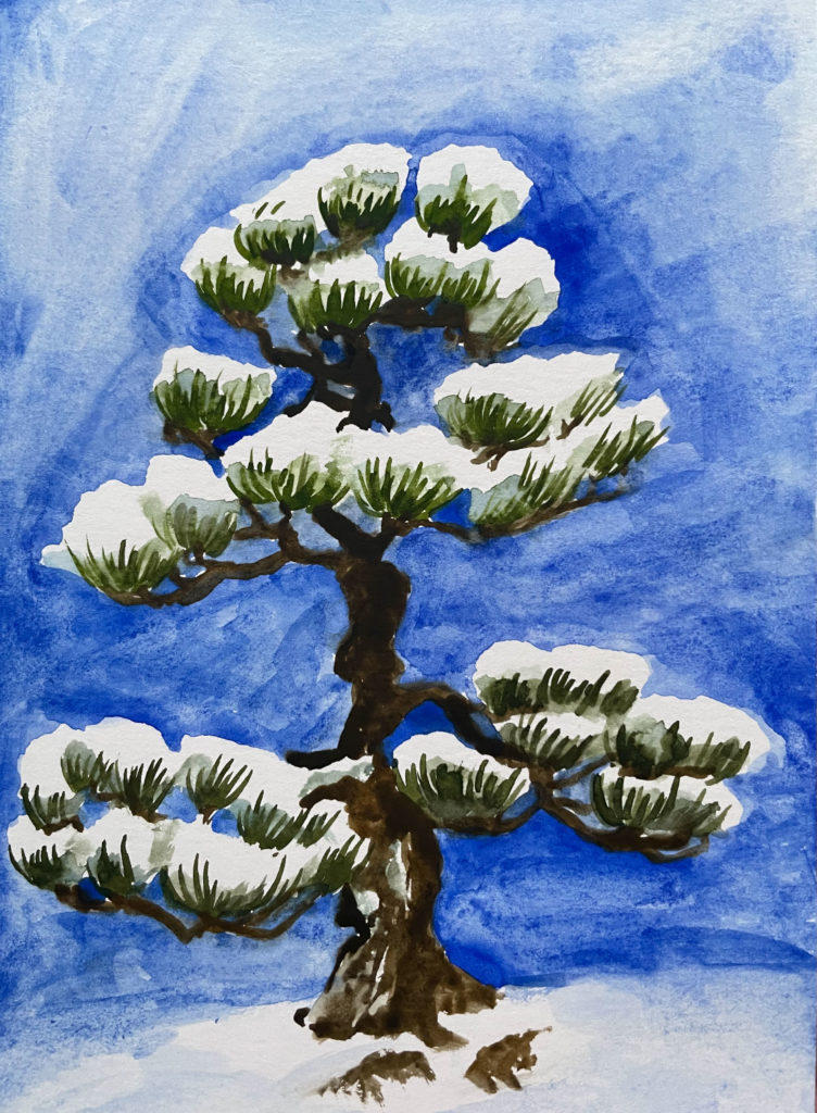 Bonsai fir tree blanketed with snow